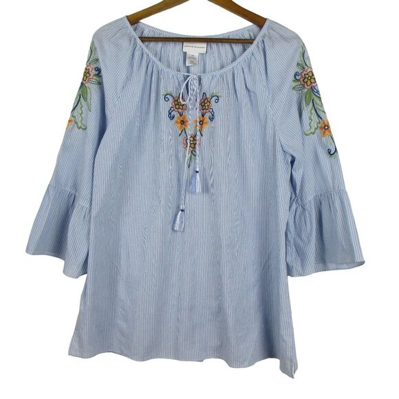 Alfred Dunner Lake Tahoe Embroidered Pinstripe Bell Sleeve Top Size 14 Casual - Picture 2 of 10